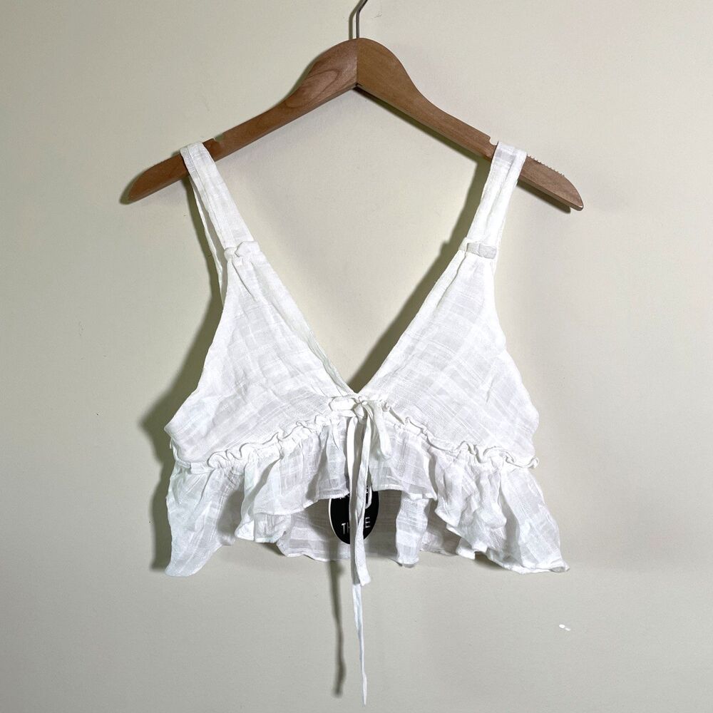 House of Three Womens White Ruffle Crop Top Size 10 V-Neck 100% Cotton NWT Boho